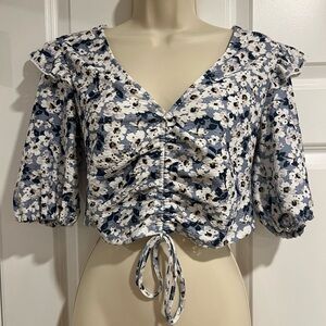 Topshop Blue and White Ruched Puff Sleeve Blouse